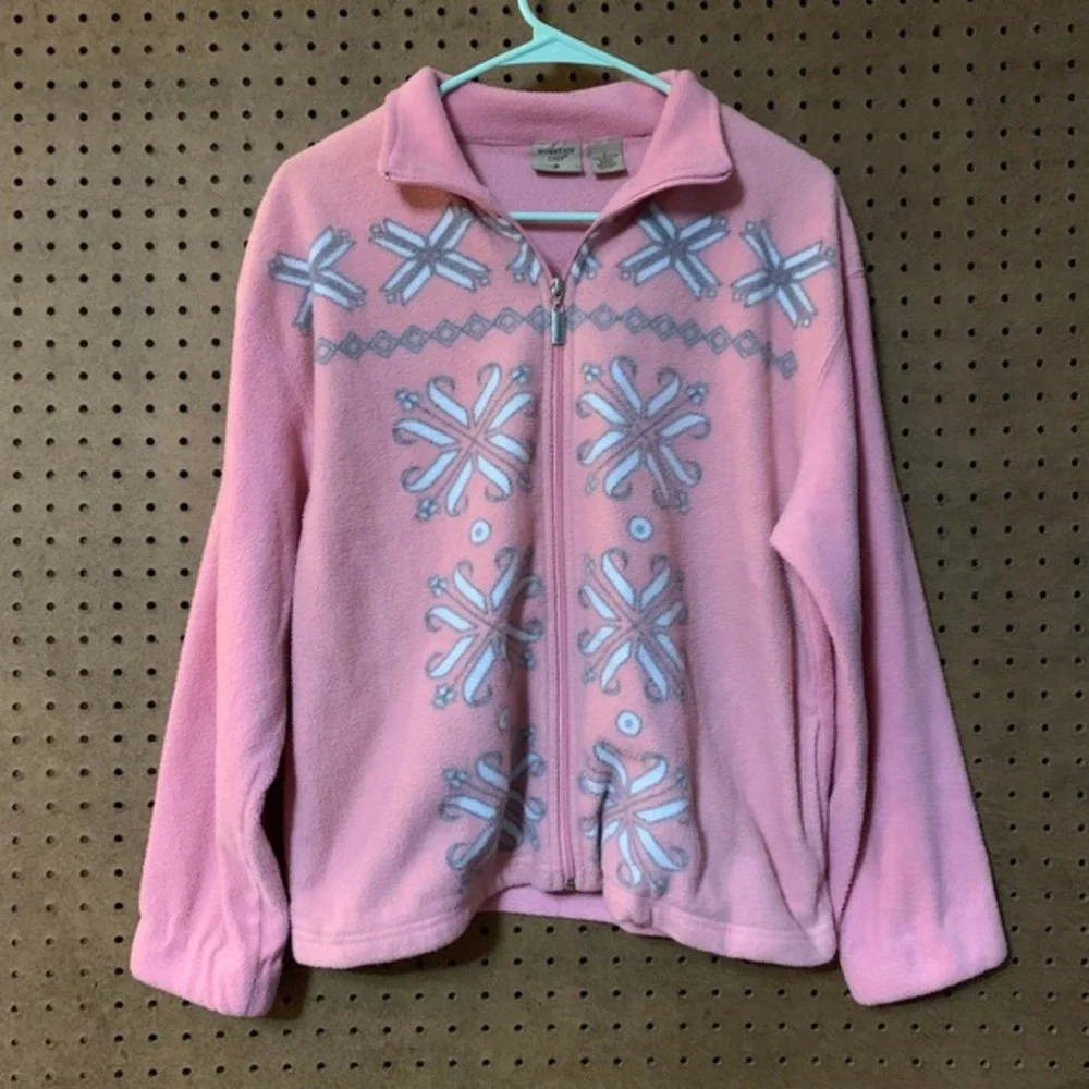 VTG Pink‎ Fleece Zip Up Jacket Snowflake Christmas Large Coquette Cottage Crop
